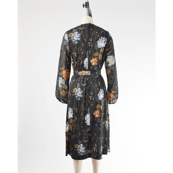 Vintage 70s Black Floral Leaf Print Sheer Sleeve Midi Dress with Tie Belt M - Picture 5 of 7